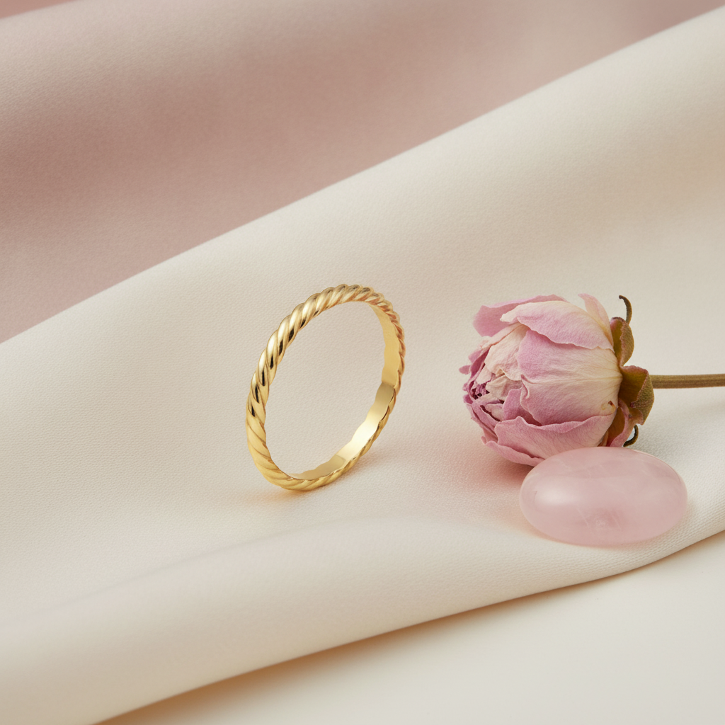 gold twisted rope ring, styled with a dried peony and a rose quartz stone on a cream background