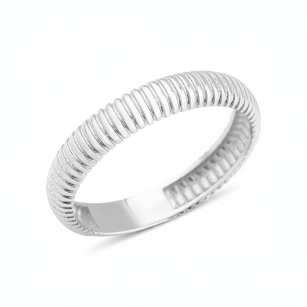 white gold ring with fine ribbed texture on white background