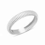 white gold ring with fine ribbed texture on white background
