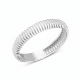 white gold ring with fine ribbed texture on white background