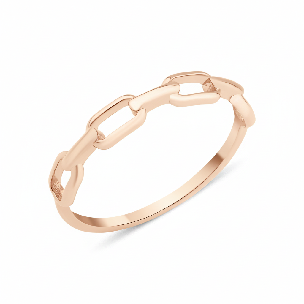 rose gold ring with paperclip chain links on white background