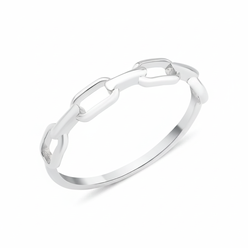 white gold ring with paperclip chain links on white background
