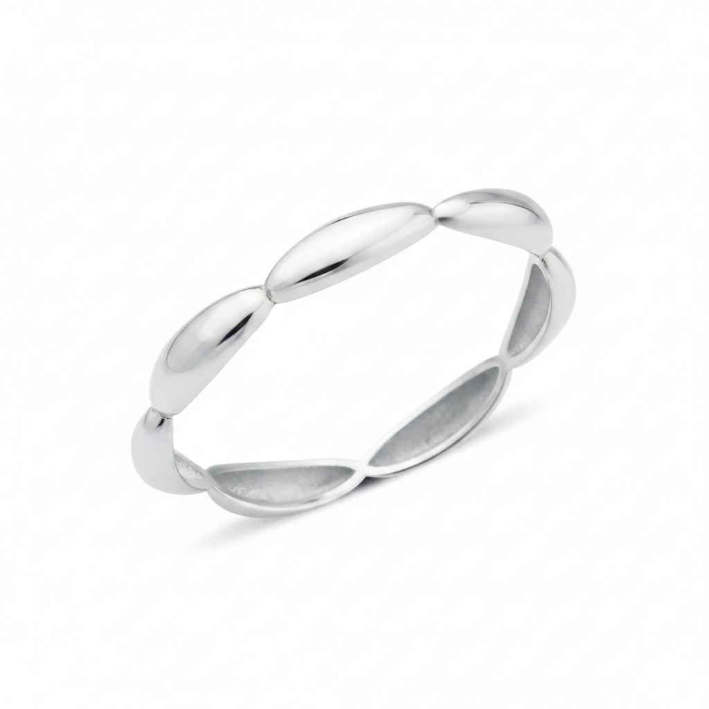 white gold ring with elongated pod links on white background