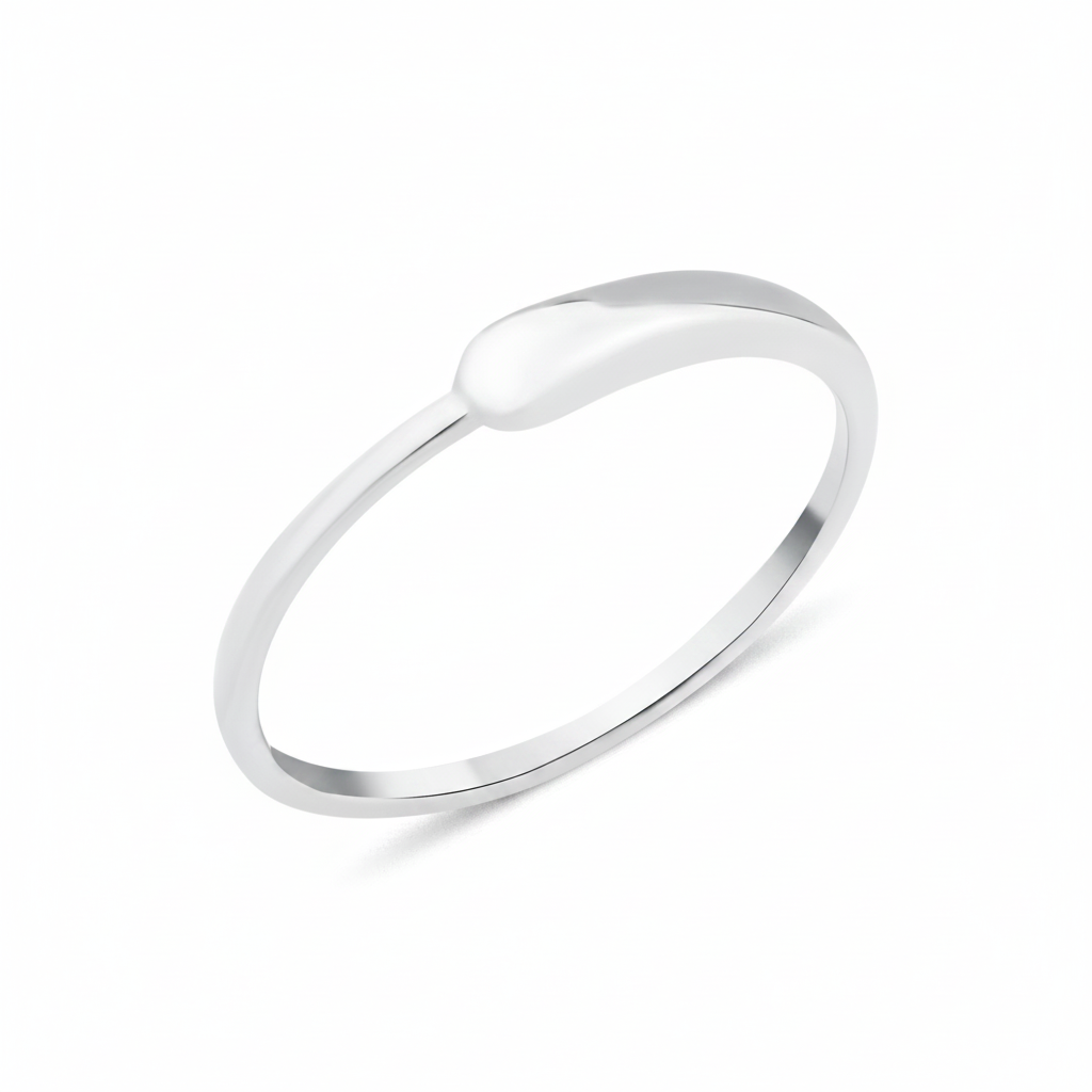 white gold ring with a smooth teardrop motif on white background