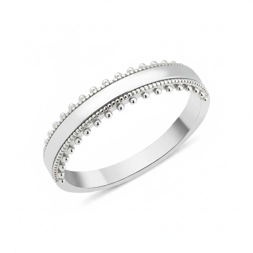 white gold ring with a beaded ribbon texture on white background