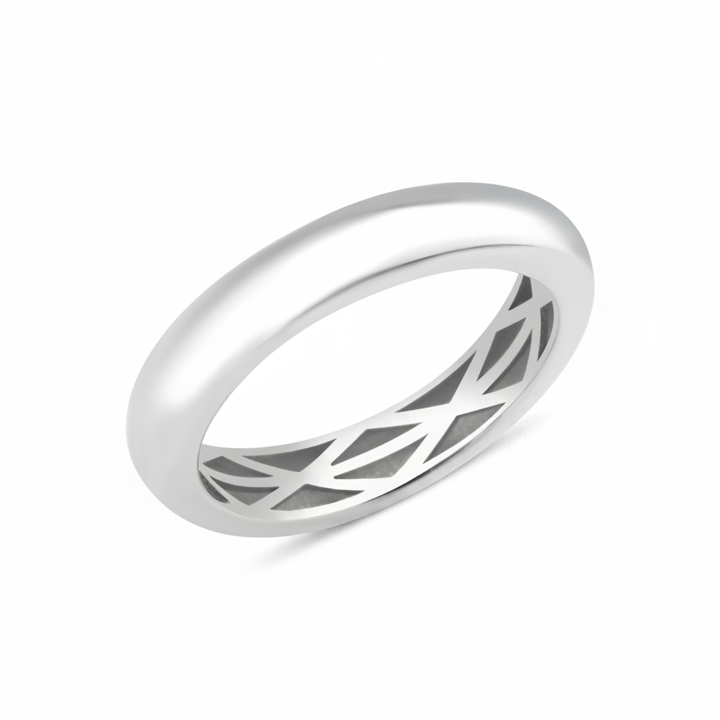white gold dome ring with a hidden lattice interior on white background