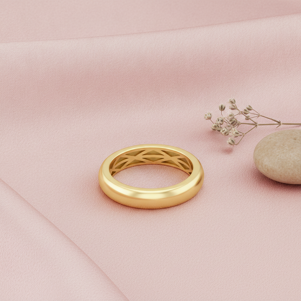 gold dome ring with a carved lattice interior, styled with dried baby's breath and a stone on a pink background