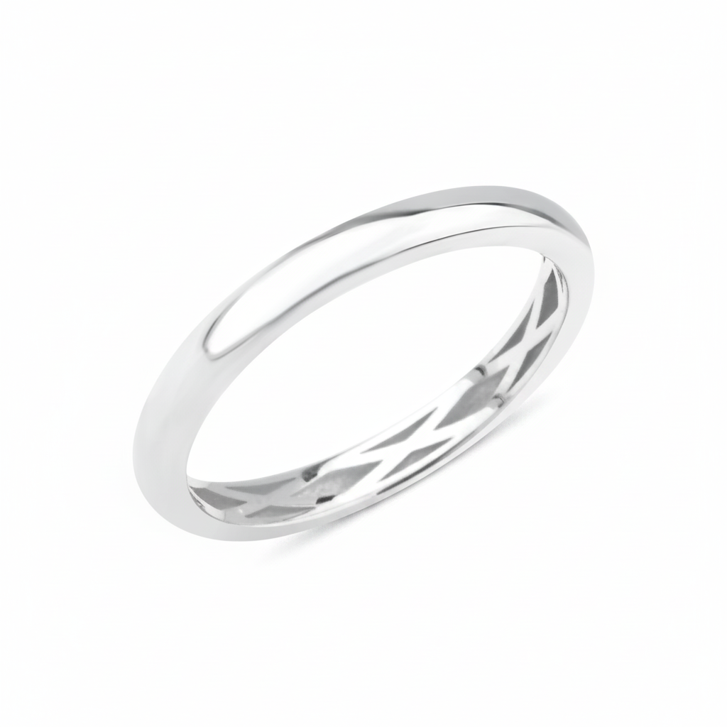 white gold band ring with a subtle carved interior on white background