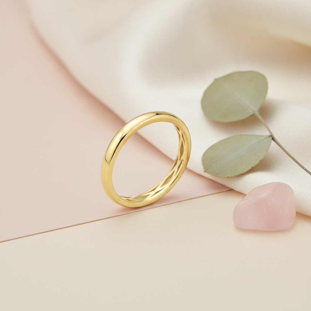 gold band ring with a subtle carved interior, styled with eucalyptus leaves and a rose quartz stone on a cream background