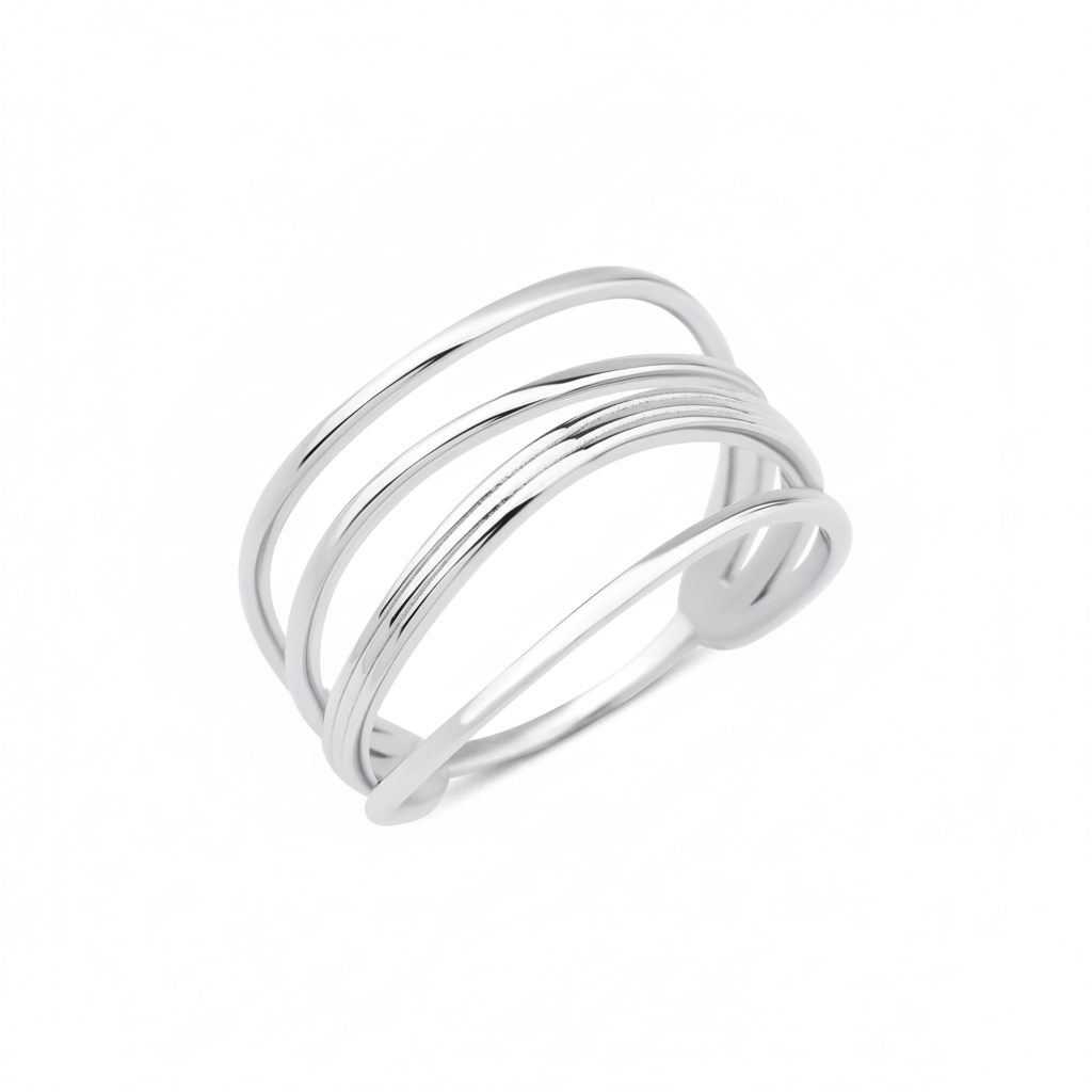 white gold layered Strata stack ring on a white background