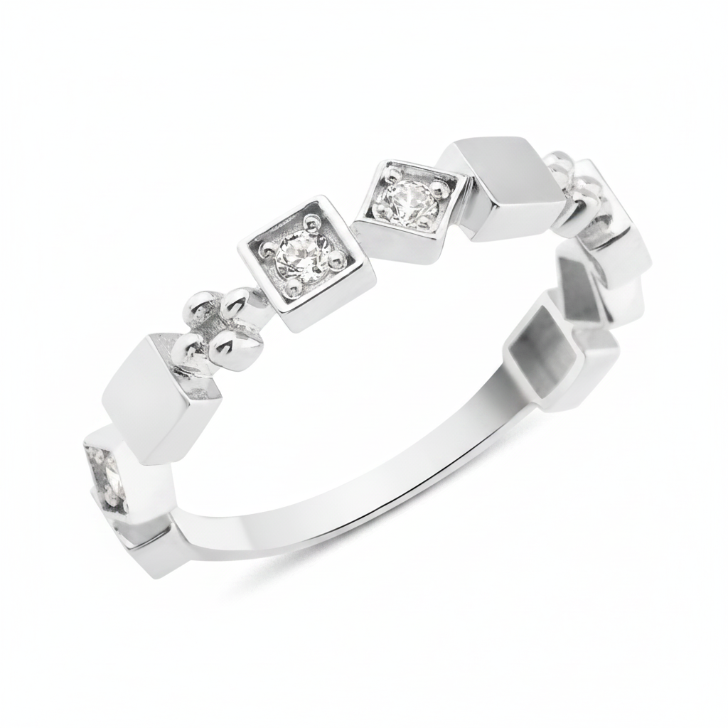 white gold Tessera cube ring on a white background