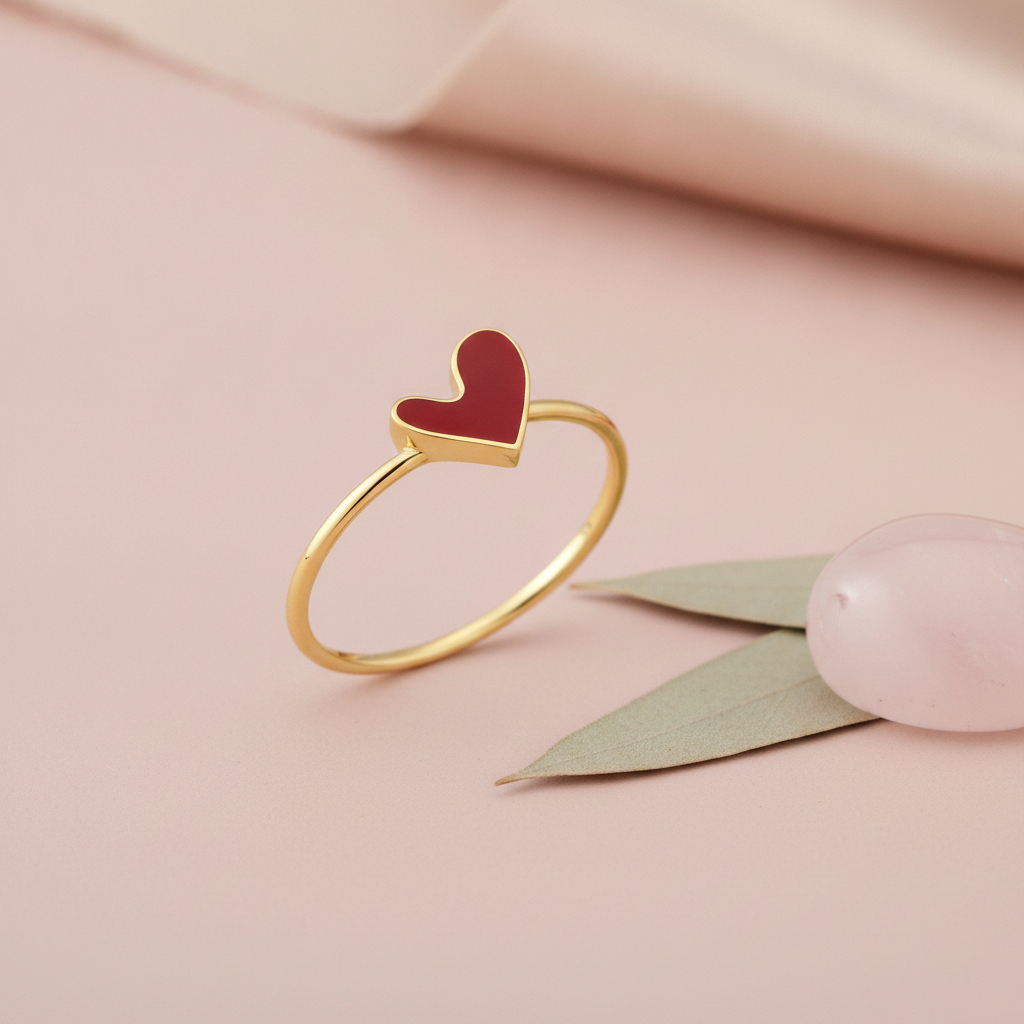 gold Cora heart ring with crimson enamel on a blush pink background with a rose quartz bead and leaf accent