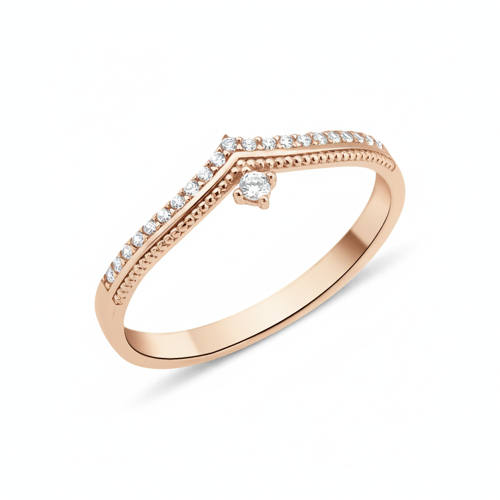 rose gold Vesper chevron drop ring on a white background