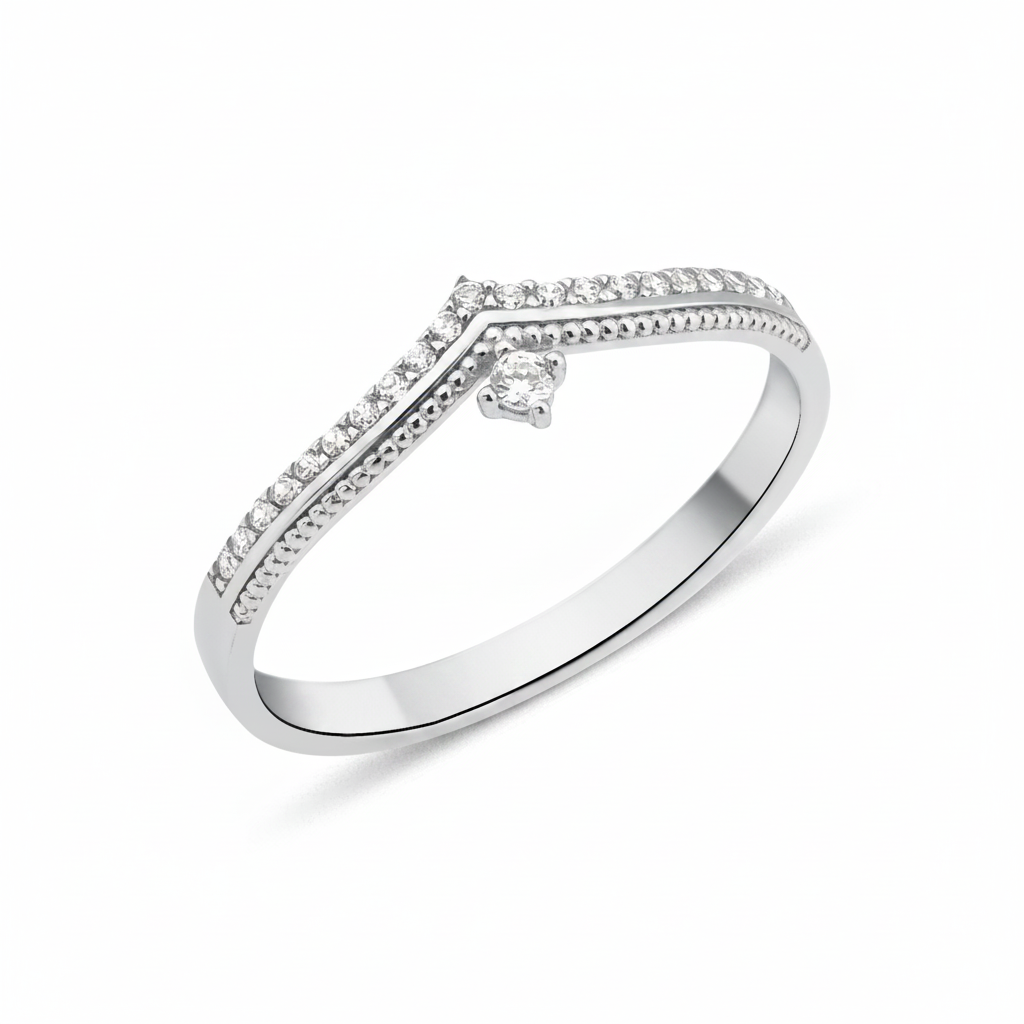 white gold Vesper chevron drop ring on a white background