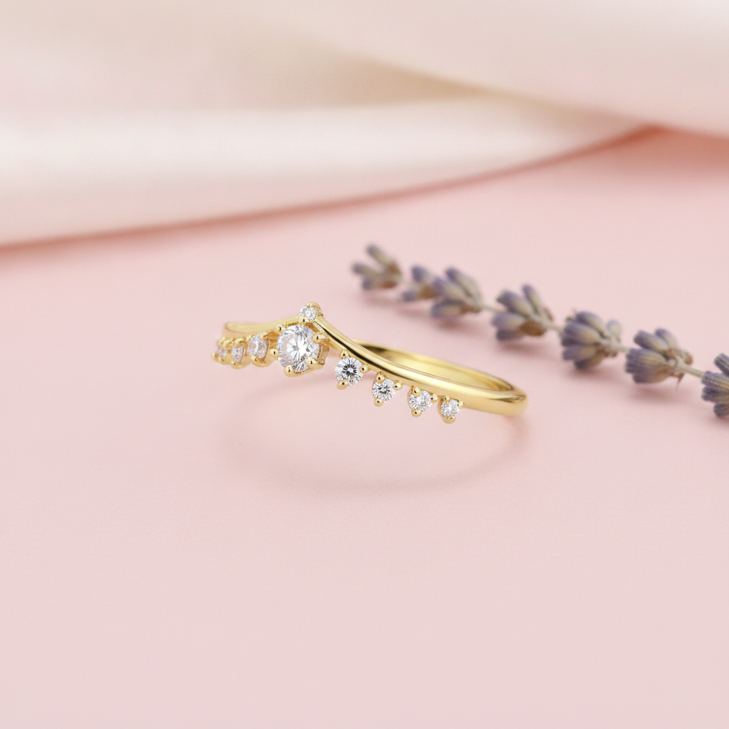 gold V-shaped chevron ring with graduating round stones on a blush background with draped satin fabric and lavender sprigs