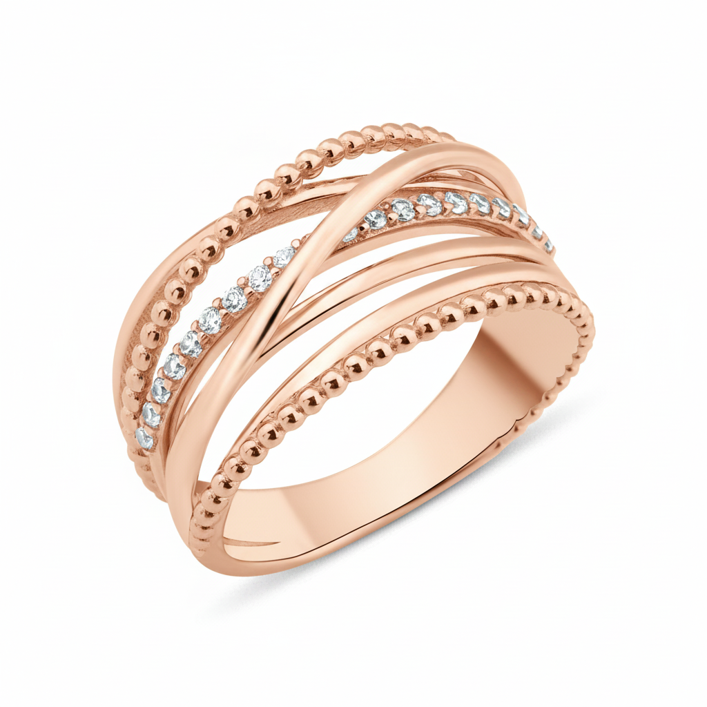 rose gold Aria weave ring on a white background