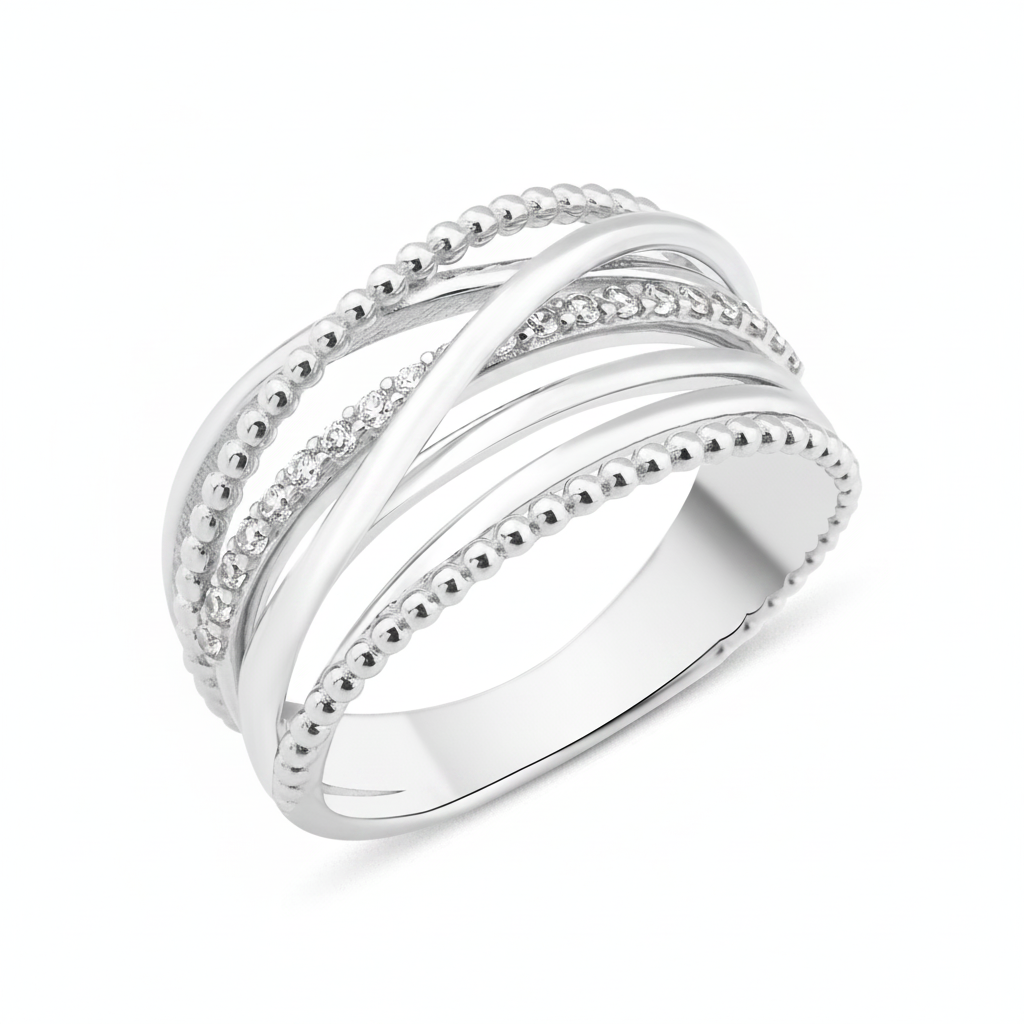 white gold Aria weave ring on a white background