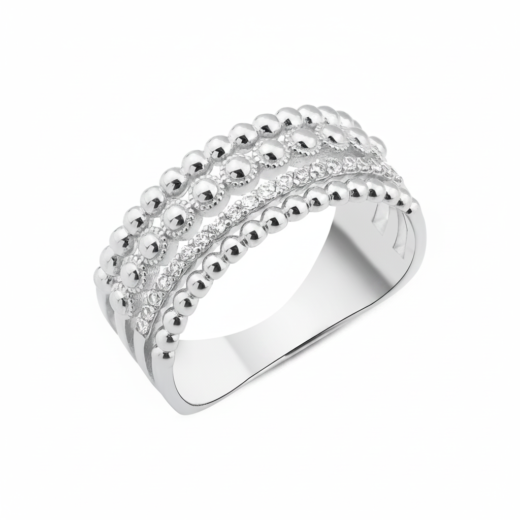 white gold Cadence beaded ring on a white background