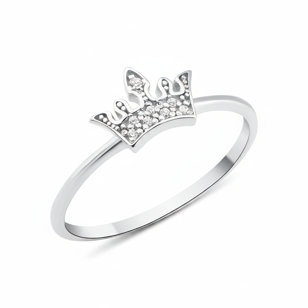 white gold Reina crown ring on a white background