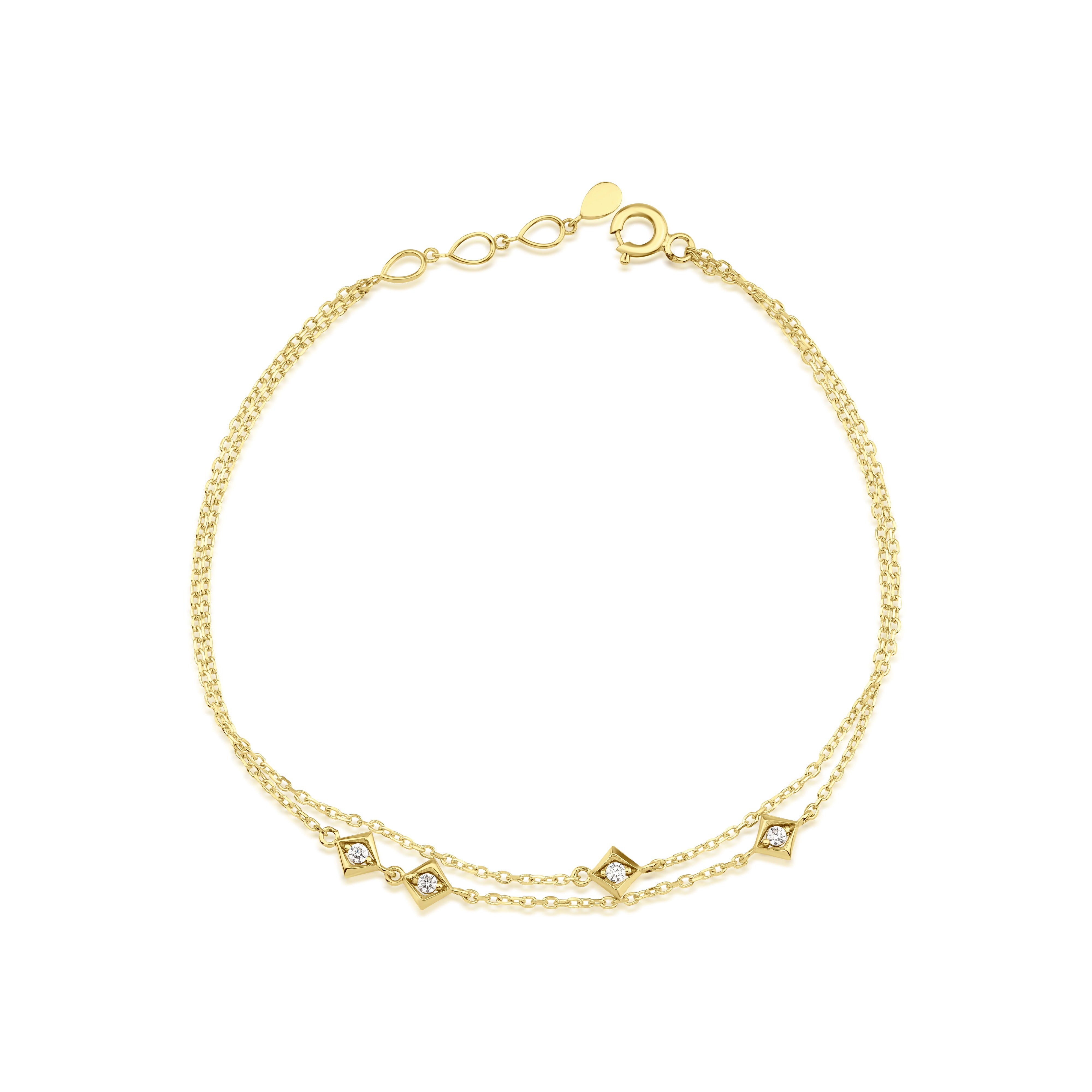 yellow gold double chain bracelet with square stone stations on white background