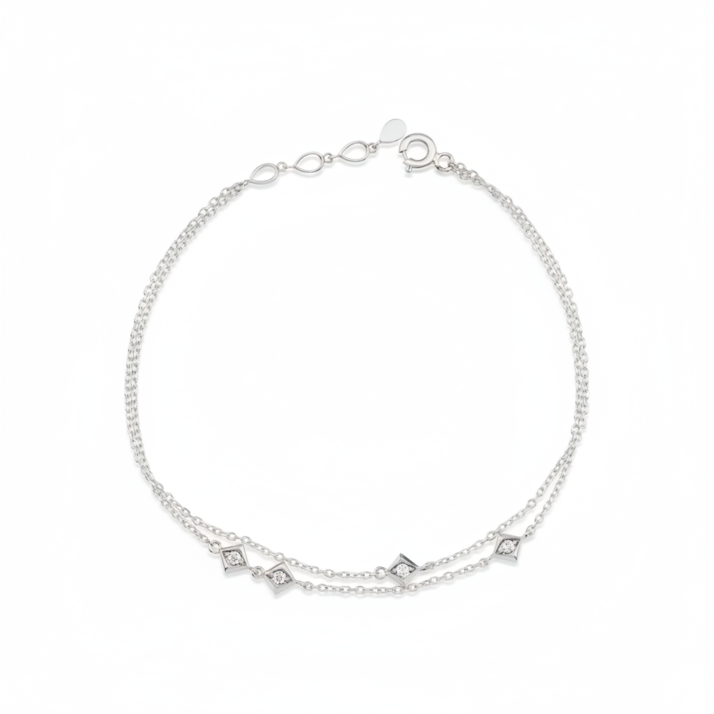 white gold double chain bracelet with square stone stations on white background