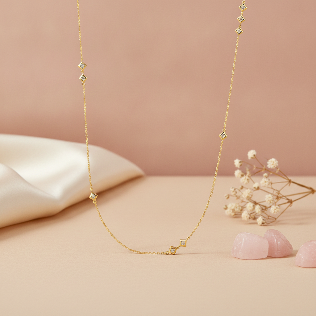 gold chain necklace with clustered kite-shaped stone stations on a mauve background with draped satin fabric, baby's breath, and rose quartz stones
