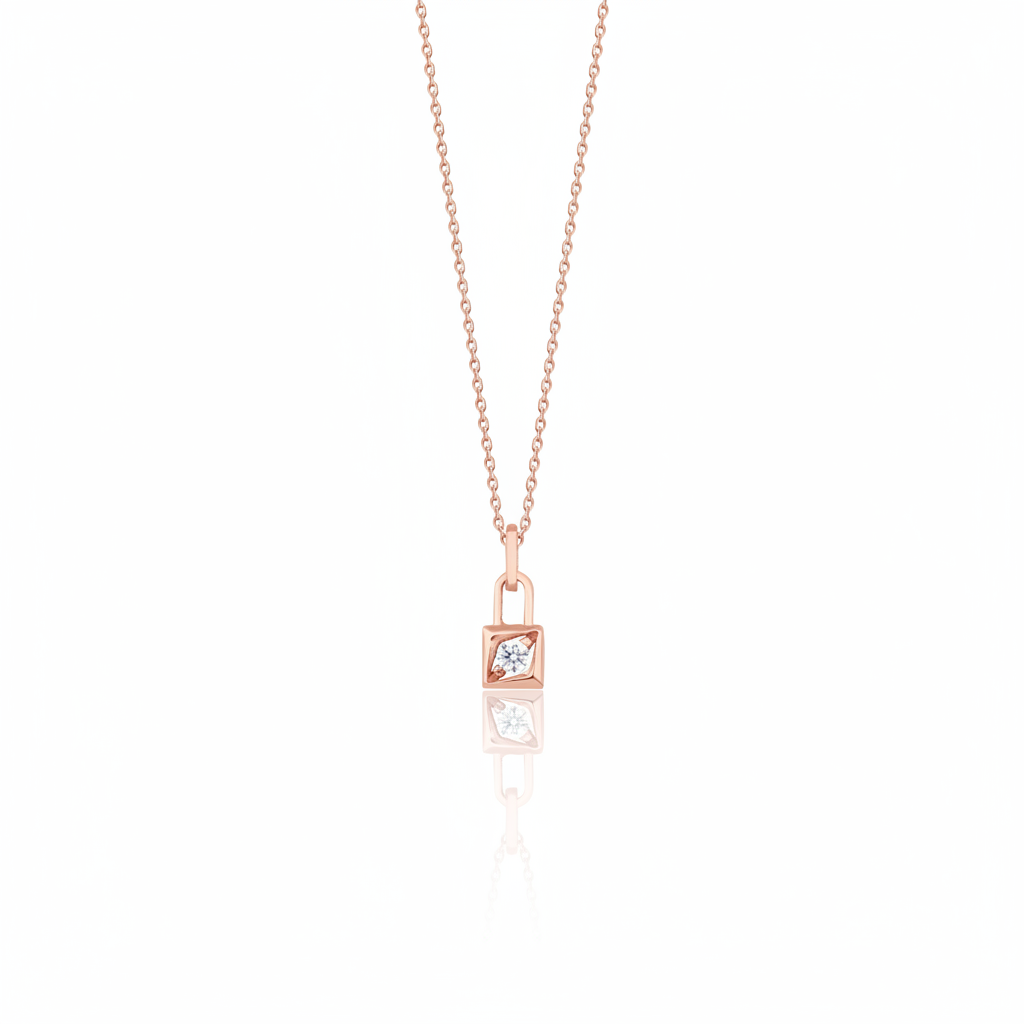 rose gold padlock necklace on a white background