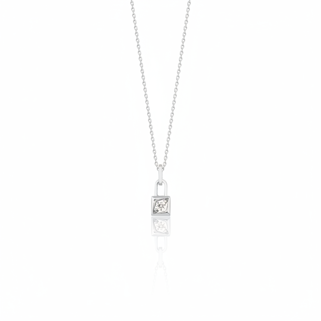 white gold padlock necklace on a white background