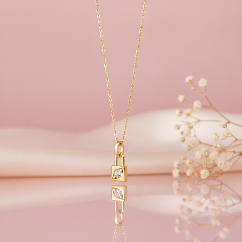 gold padlock pendant necklace with a White CZ stone on a pink background with draped satin fabric and baby's breath, reflected on a mirrored surface