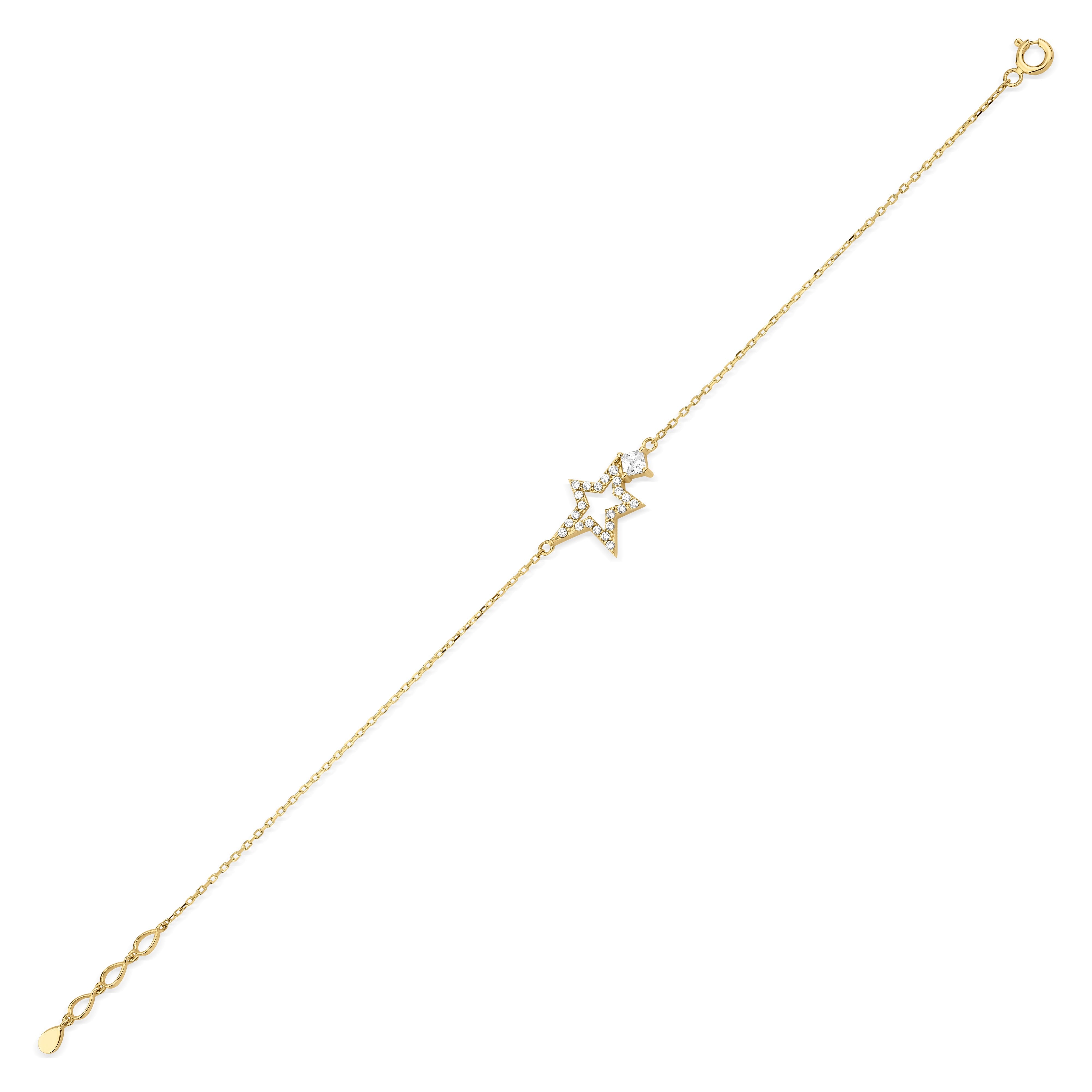 yellow gold Astra star charm bracelet on a white background
