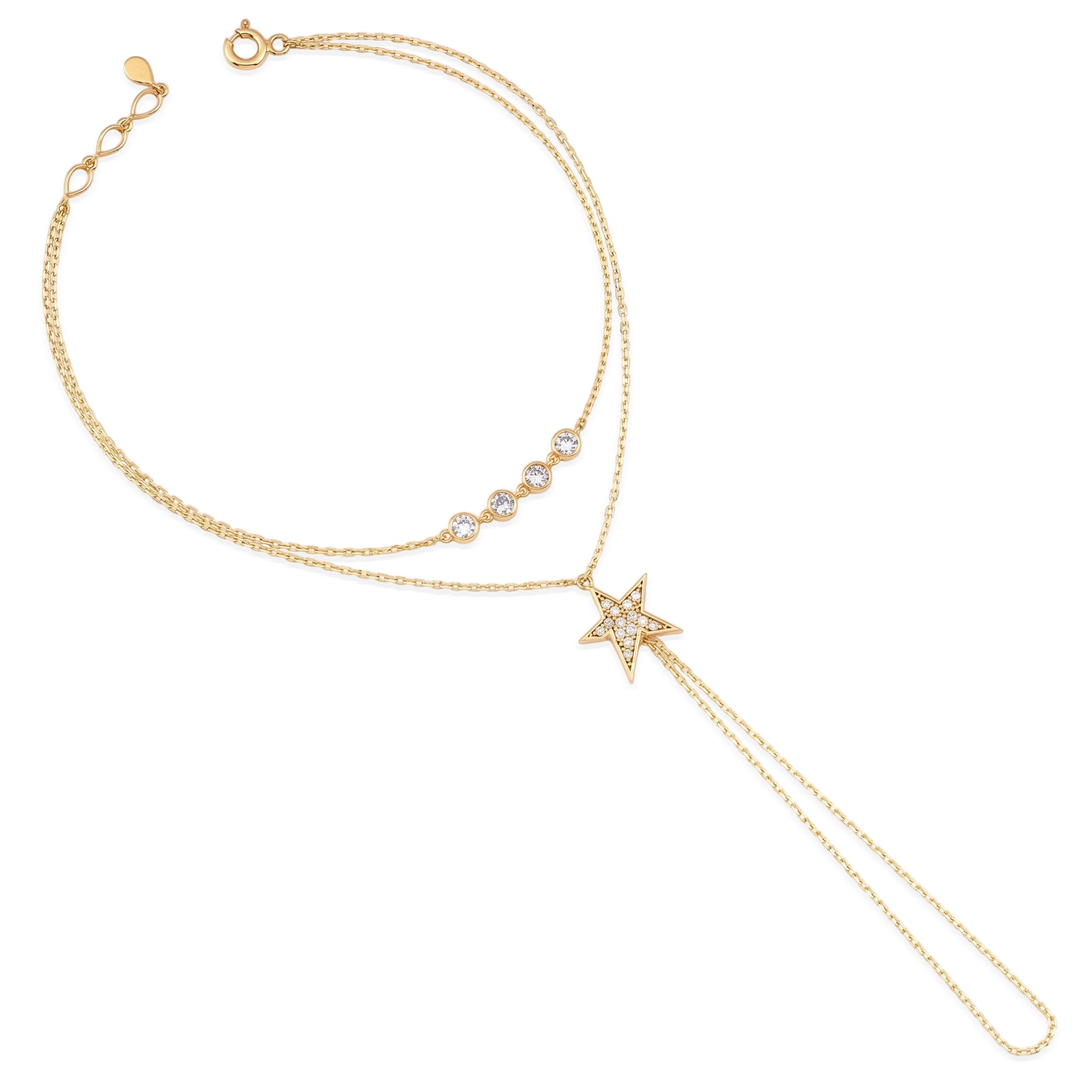 yellow gold Astra hand chain on a white background