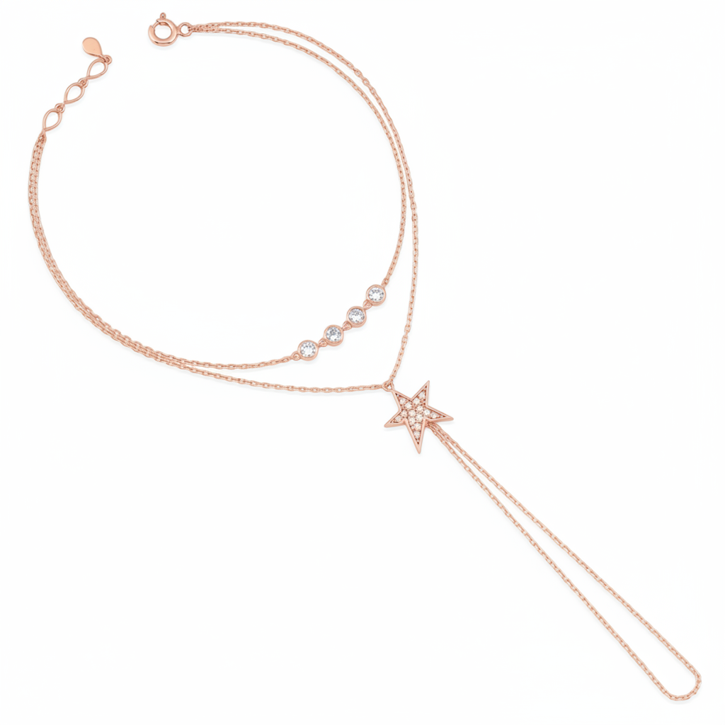 rose gold Astra hand chain on a white background