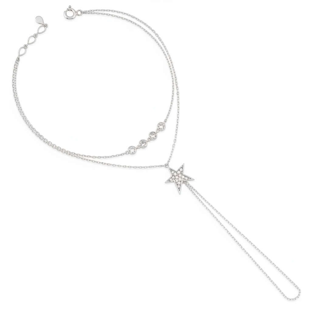 white gold Astra hand chain on a white background