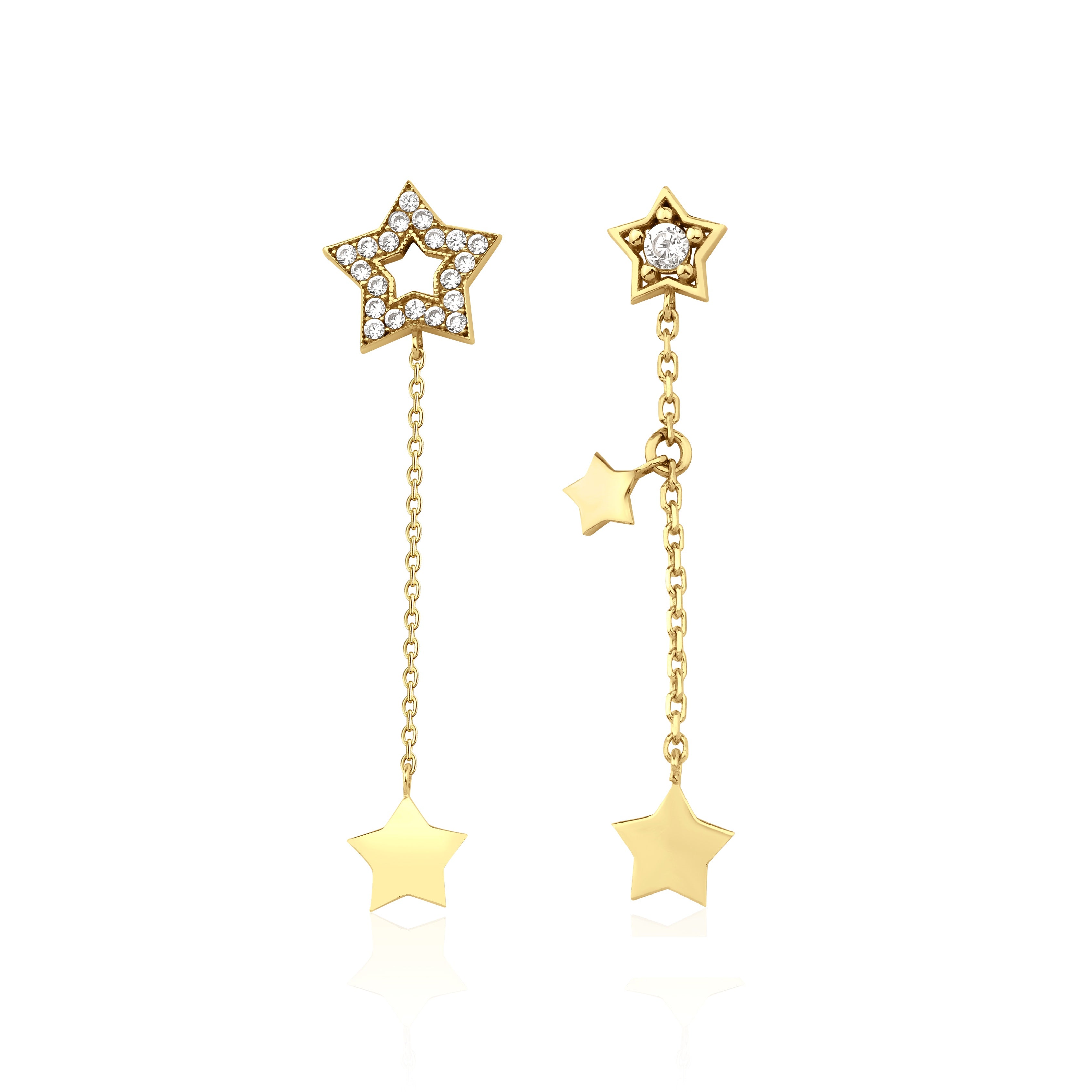 yellow gold Astra asymmetrical star drop earrings on a white background