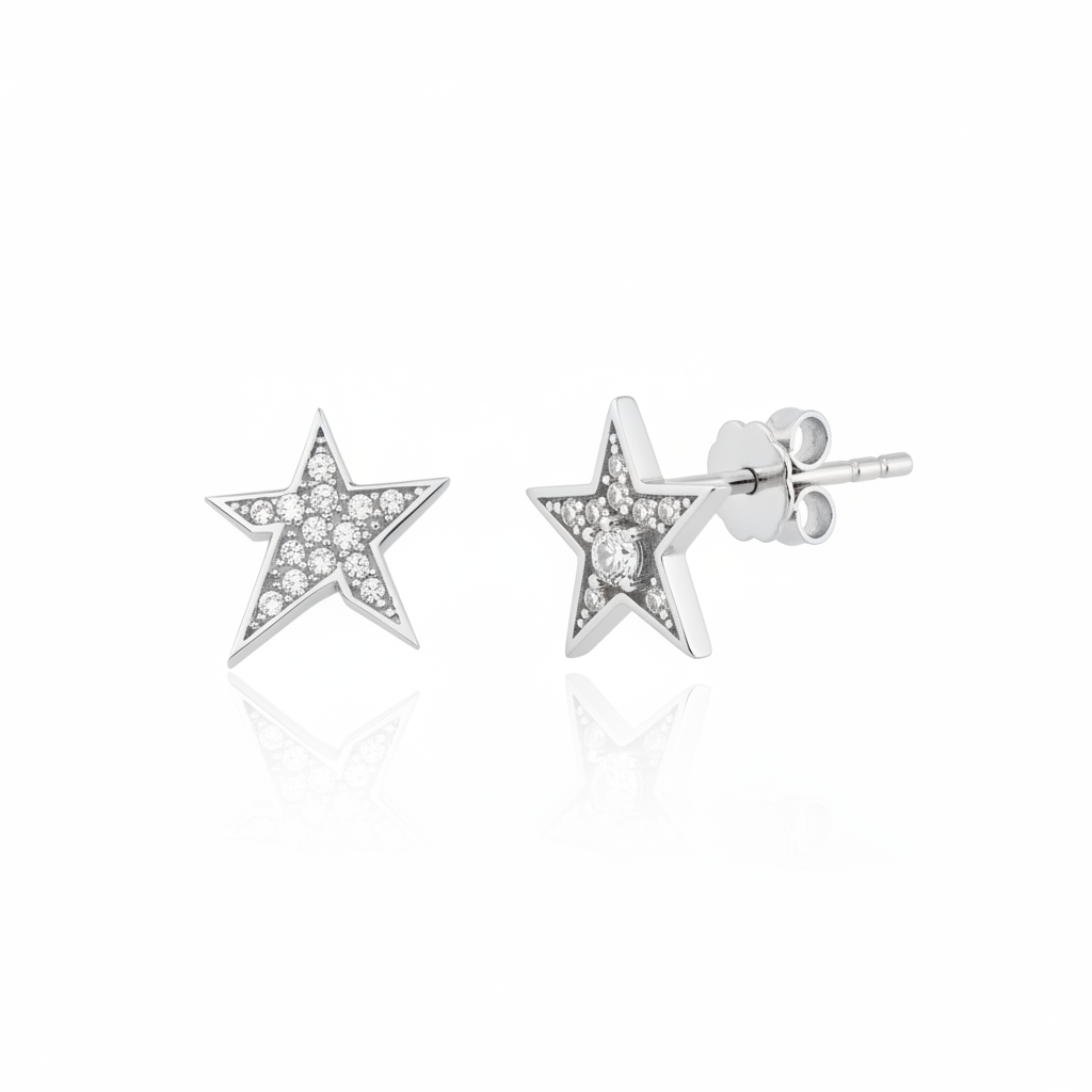 white gold Astra star stud earrings on a white background