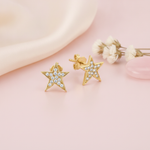 gold five-pointed star stud earrings paved with White CZ stones on a blush background with dried flowers and a pink stone