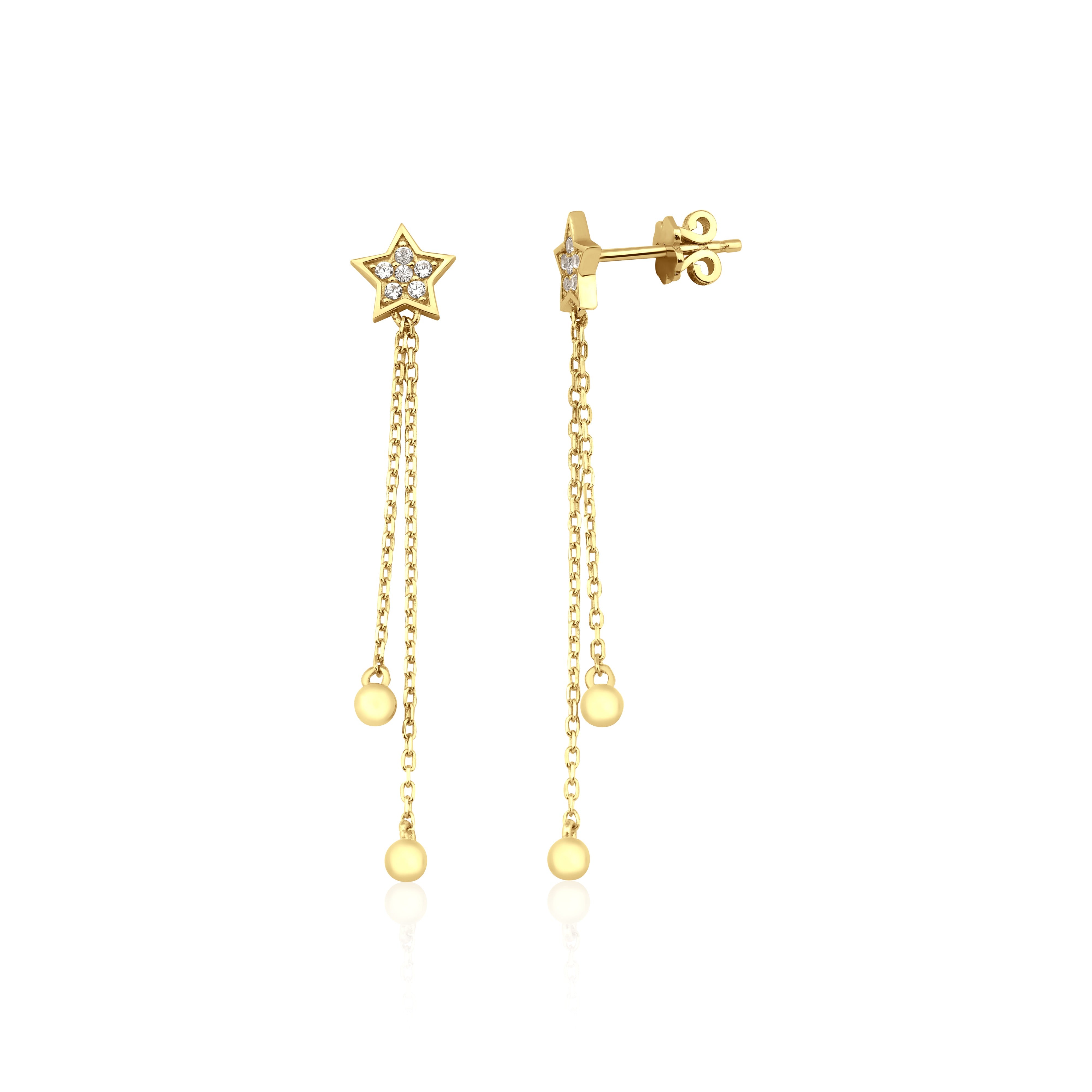 star drop earrings with cascading chains in yellow gold on a white background