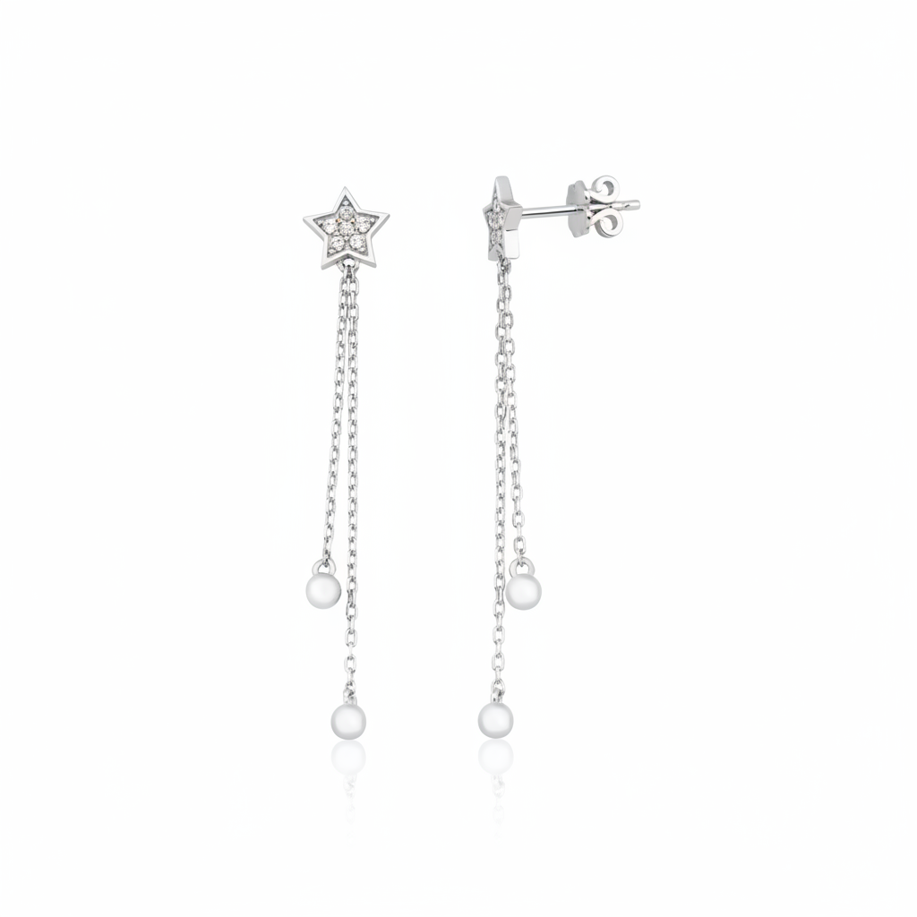 star drop earrings with cascading chains in white gold on a white background