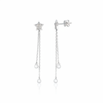 star drop earrings with cascading chains in white gold on a white background