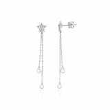 star drop earrings with cascading chains in white gold on a white background