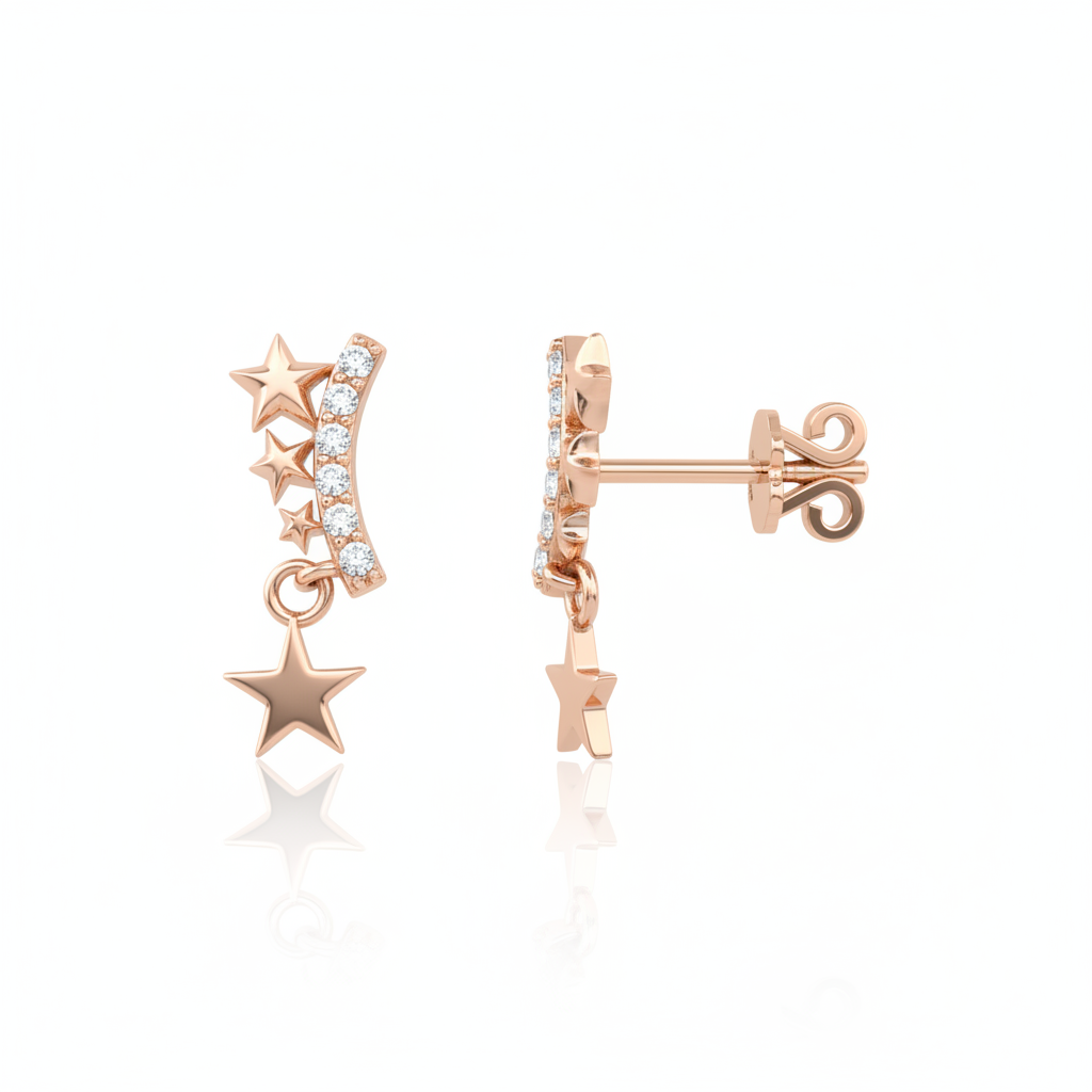star arc drop earrings in rose gold on a white background