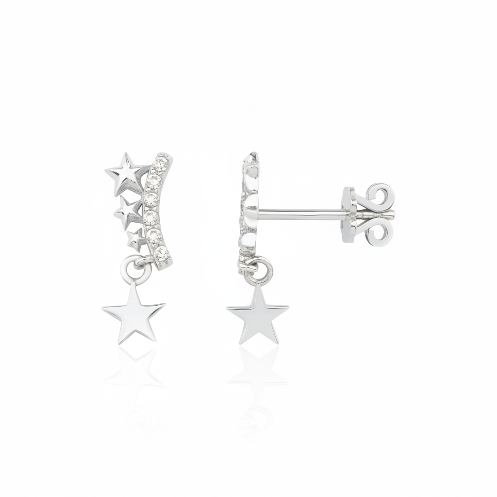 star arc drop earrings in white gold on a white background