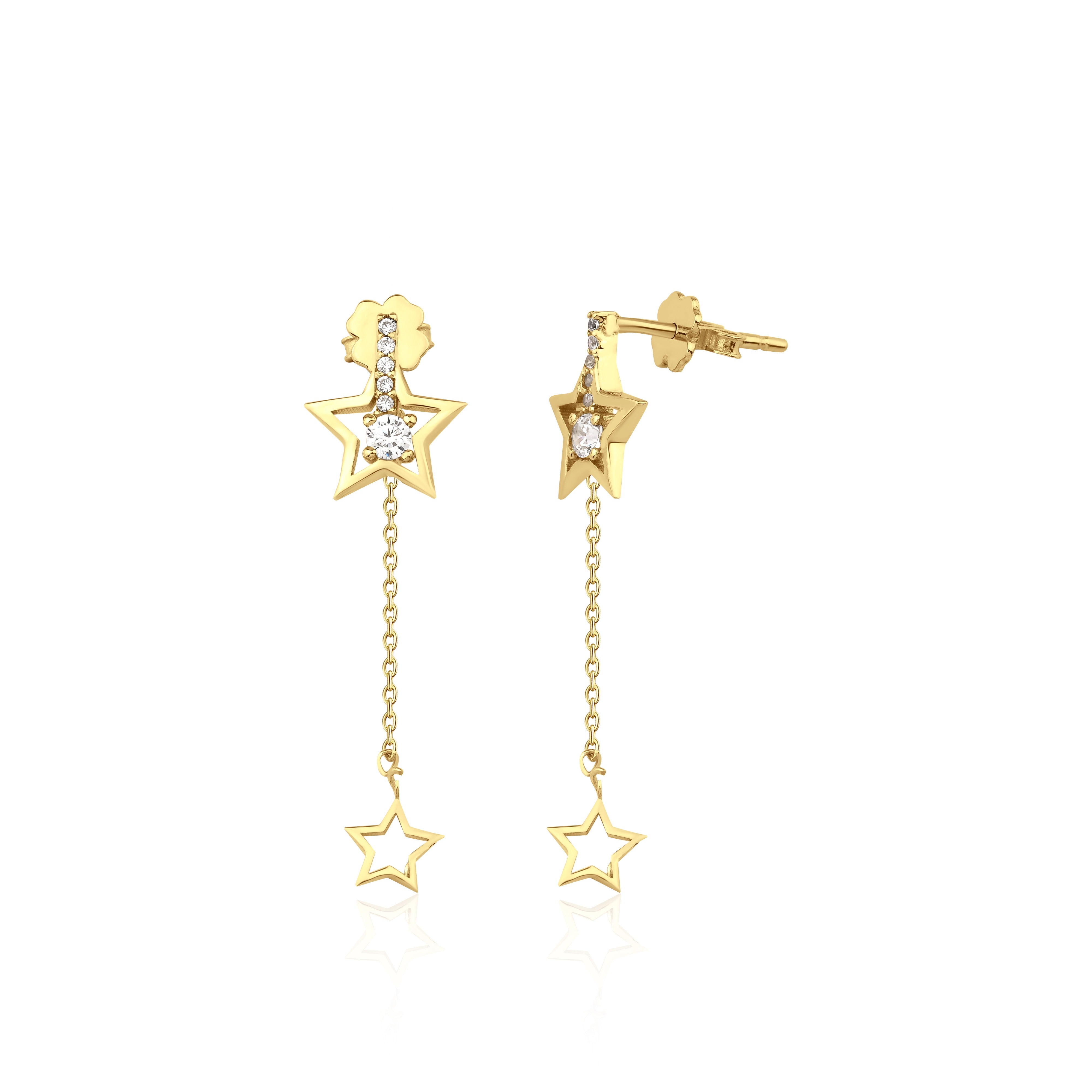 star trail drop earrings in yellow gold on a white background