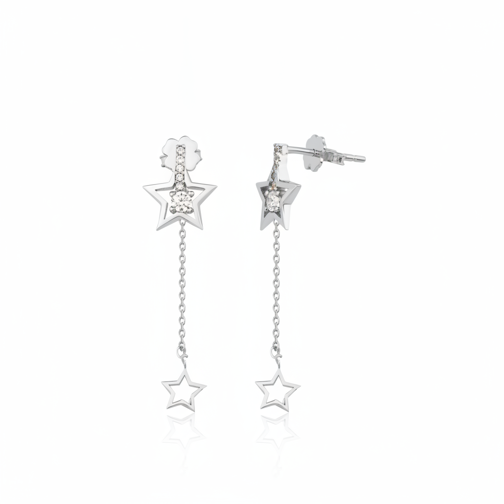 star trail drop earrings in white gold on a white background