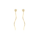star drop earrings with wavy chains in yellow gold on a white background