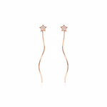 star drop earrings with wavy chains in rose gold on a white background