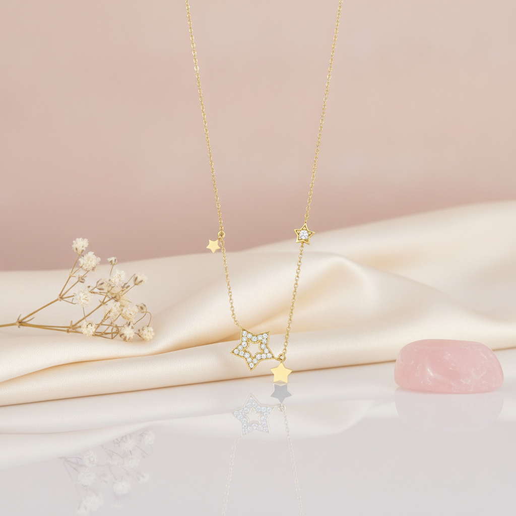 gold star pendant necklace with scattered star charms on a blush backdrop with dried baby's breath and a rose quartz stone