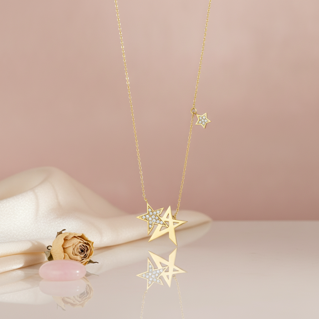 gold star pendant necklace with an interlocking paved star and a dangling star charm on a pink backdrop with a dried rose and a pink stone