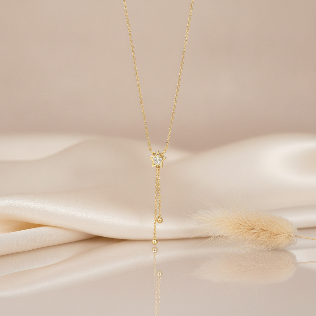 gold star pendant necklace with an asymmetrical dangling chain and a gold sphere on a blush backdrop with dried grass