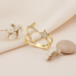 gold double-band ring with a large outlined star and a smaller star on a blush pink backdrop with dried flowers